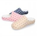 STARS print design corduroy home shoes with opened shape.