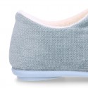 SQUARE design wool knit kids home shoes with central opening.