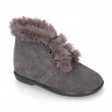 Classic kids suede leather little bootie with FAKE HAIR design.