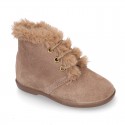 Classic kids suede leather little bootie with FAKE HAIR design.