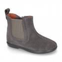 Suede leather little ankle boot shoes with elastic band a zipper closure design.