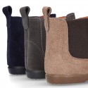 Suede leather little ankle boot shoes with elastic band a zipper closure design.