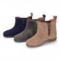 Suede leather little ankle boot shoes with elastic band a zipper closure design.