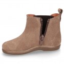 Suede leather little ankle boot shoes with elastic band a zipper closure design.