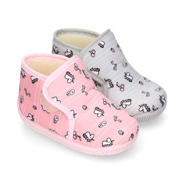 UNICORN print wool knit bootie home shoes with hook and loop strap.