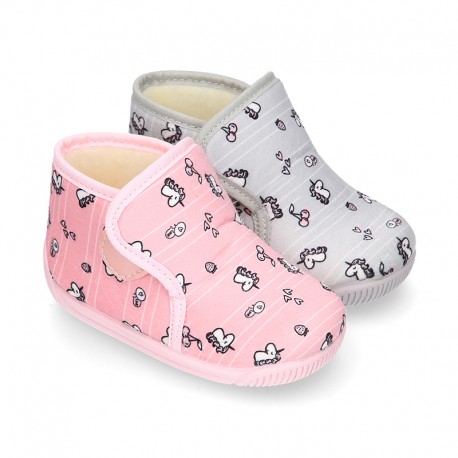 UNICORN print wool knit bootie home shoes with hook and loop strap.