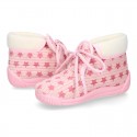STARS print wool knit bootie home shoes with shoelaces closure.