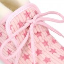 STARS print wool knit bootie home shoes with shoelaces closure.