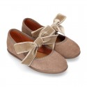 Suede leather little Mary Jane shoes with hook and loop strap and velvet BOW.