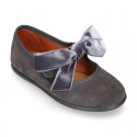 Suede leather little Mary Jane shoes with hook and loop strap and velvet BOW.