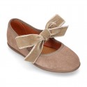 Suede leather little Mary Jane shoes with hook and loop strap and velvet BOW.