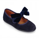 Suede leather little Mary Jane shoes with hook and loop strap and velvet BOW.