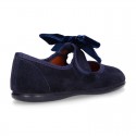 Suede leather little Mary Jane shoes with hook and loop strap and velvet BOW.