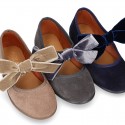 Suede leather little Mary Jane shoes with hook and loop strap and velvet BOW.