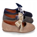 Suede leather little Mary Jane shoes with hook and loop strap and velvet BOW.