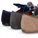 Suede leather little Mary Jane shoes with hook and loop strap and velvet BOW.