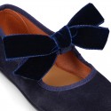 Suede leather little Mary Jane shoes with hook and loop strap and velvet BOW.