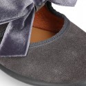 Suede leather little Mary Jane shoes with hook and loop strap and velvet BOW.