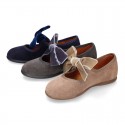 Suede leather little Mary Jane shoes with hook and loop strap and velvet BOW.