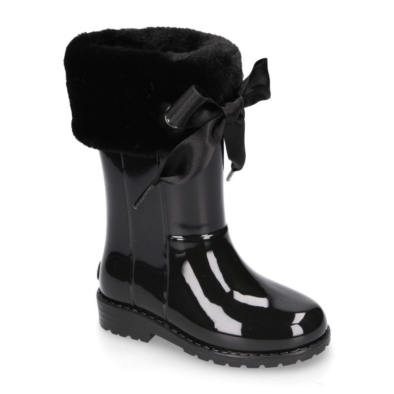 Pequeño Lesionarse falda SHINY COUNTRY style Rain boots with fake hair design and bow.