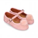 Pink suede leather stylized Girl Mary Jane shoes with POMPOM.