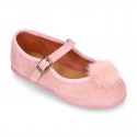 Pink suede leather stylized Girl Mary Jane shoes with POMPOM.