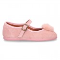 Pink suede leather stylized Girl Mary Jane shoes with POMPOM.