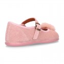 Pink suede leather stylized Girl Mary Jane shoes with POMPOM.