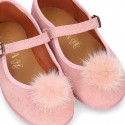 Pink suede leather stylized Girl Mary Jane shoes with POMPOM.