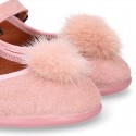 Pink suede leather stylized Girl Mary Jane shoes with POMPOM.