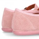 Pink suede leather stylized Girl Mary Jane shoes with POMPOM.