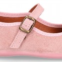 Pink suede leather stylized Girl Mary Jane shoes with POMPOM.