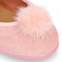 Pink suede leather stylized Girl Mary Jane shoes with POMPOM.