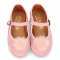 Pink suede leather stylized Girl Mary Jane shoes with POMPOM.