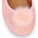 Pink suede leather stylized Girl Mary Jane shoes with POMPOM.