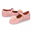 Pink suede leather stylized Girl Mary Jane shoes with POMPOM.