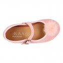 Pink suede leather stylized Girl Mary Jane shoes with POMPOM.