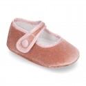 Velvet little Mary Janes for babies with hook and loop strap closure and button.