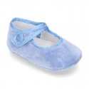 Velvet little Mary Janes for babies with hook and loop strap closure and button.