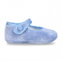 Velvet little Mary Janes for babies with hook and loop strap closure and button.