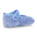 Velvet little Mary Janes for babies with hook and loop strap closure and button.