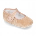 Velvet little Mary Janes for babies with hook and loop strap closure and button.