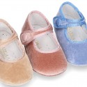 Velvet little Mary Janes for babies with hook and loop strap closure and button.