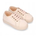 Autumn winter canvas OKAA kids tennis shoes to dress with shoelaces closure in pastel colors.