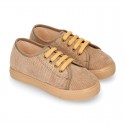 Corduroy canvas OKAA kids tennis shoes to dress with shoelaces closure.