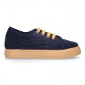 Corduroy canvas OKAA kids tennis shoes to dress with shoelaces closure.