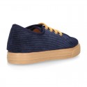 Corduroy canvas OKAA kids tennis shoes to dress with shoelaces closure.