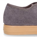 Corduroy canvas OKAA kids tennis shoes to dress with shoelaces closure.