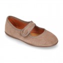 Girl Mary Jane shoes in suede leather with hook and loop strap and BUTTON fastening.