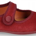 Girl Mary Jane shoes in suede leather with hook and loop strap and BUTTON fastening.